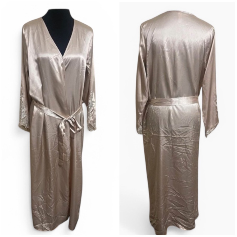 FLORA Champagne Pink Satin Long Robe Lace Sleeve Trim Wrap Belted Loungewear S/M - Picture 3 of 4